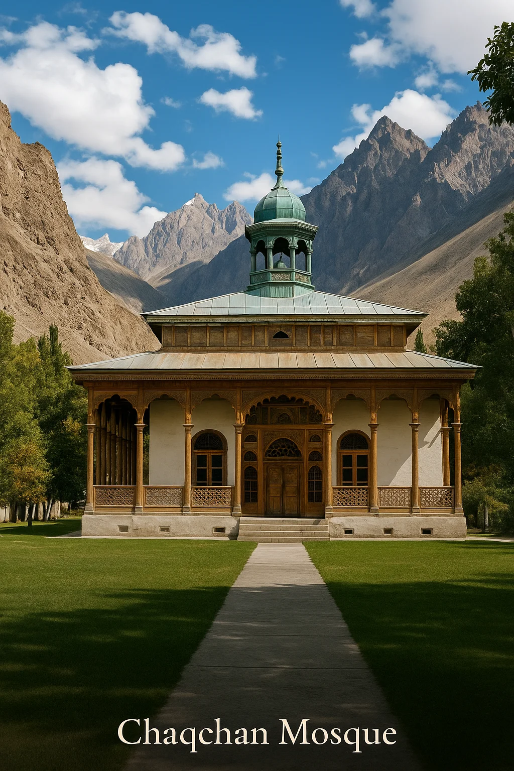 Chaqchan Mosque carved wooden facade and jali screens, Khaplu, Ghanche, Gilgit Baltistan