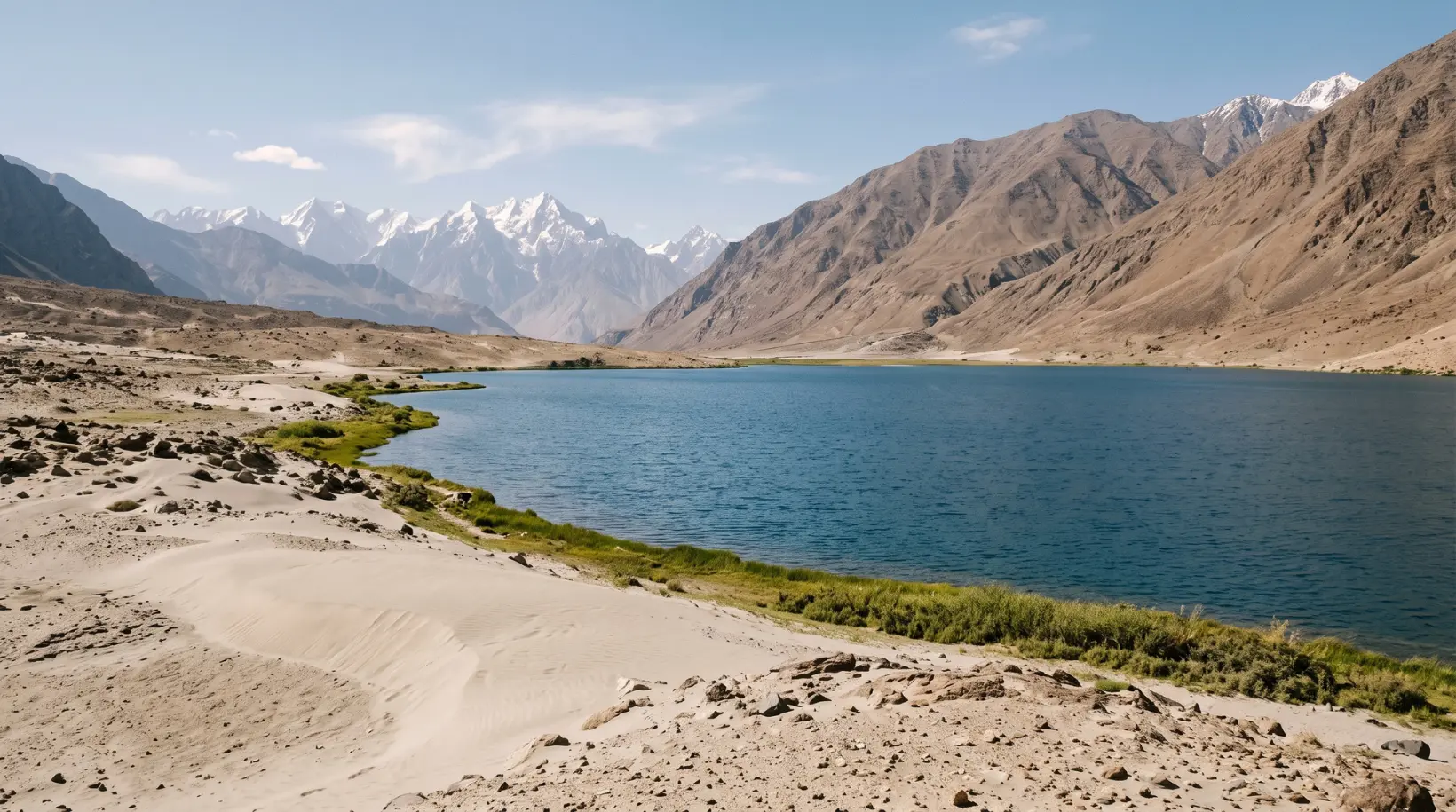Blind Lake blue water between desert dunes and Karakoram peaks near Skardu, Shigar District