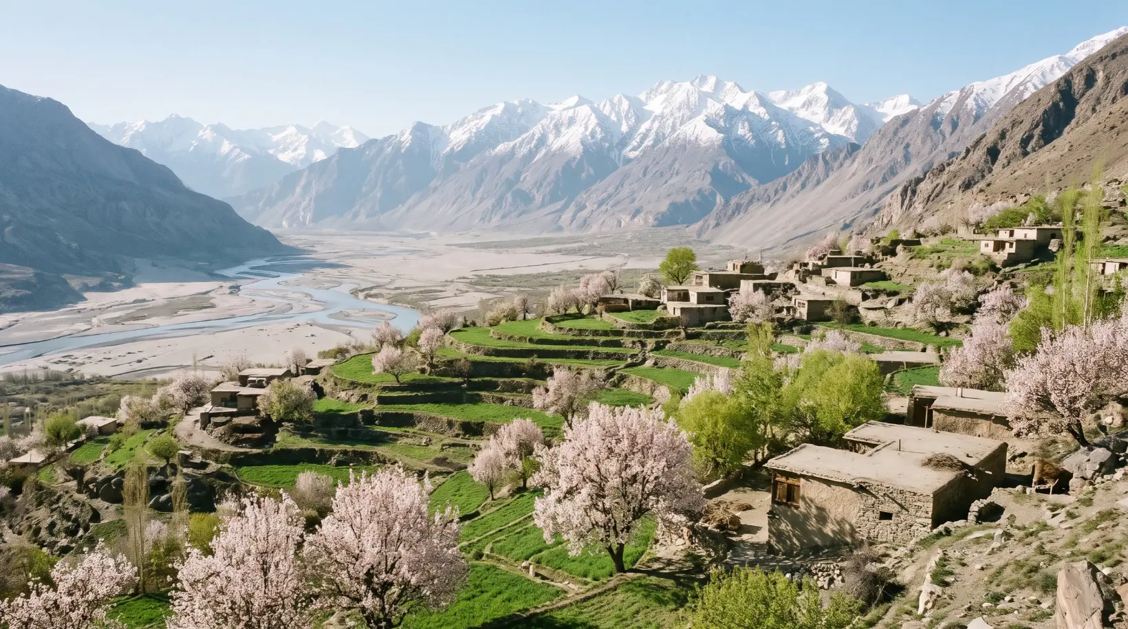 Chunda Valley terraced orchards with a view over Skardu, Gilgit Baltistan