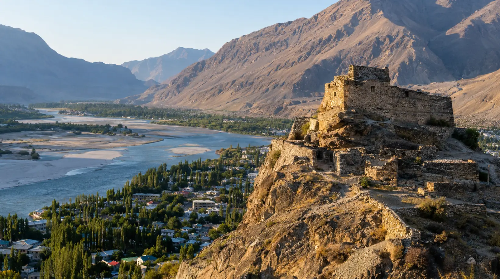Kharpocho Fort walls and old mosque with views over Skardu, Gilgit Baltistan