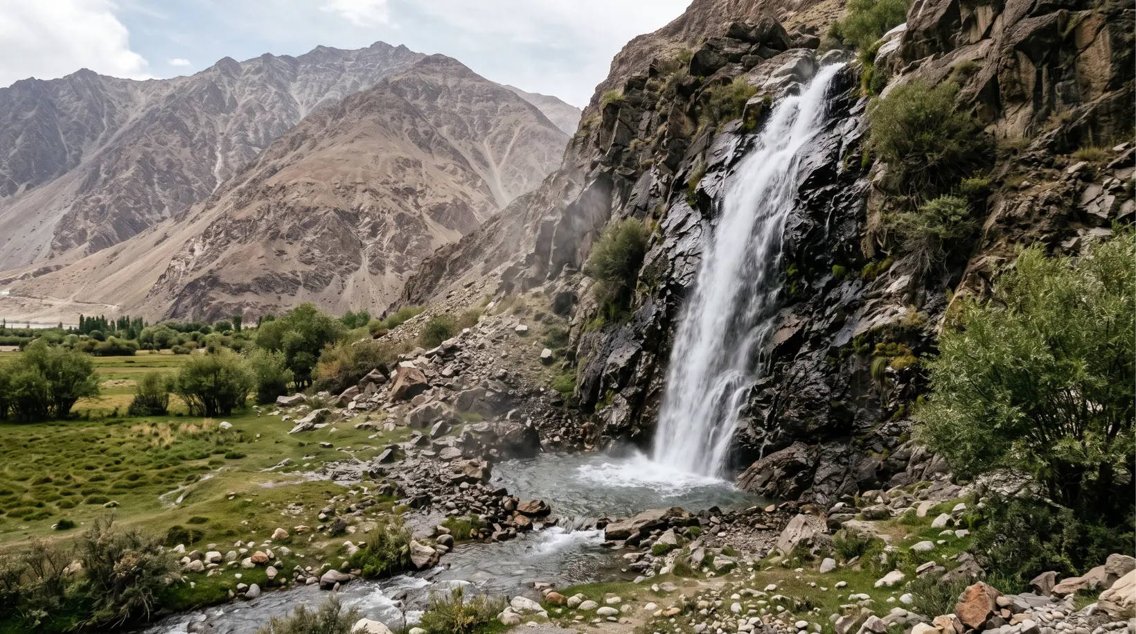 Manthokha Waterfall cascade and green pastures, Kharmang Valley, Gilgit Baltistan